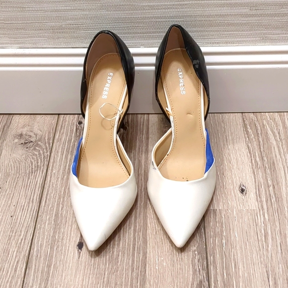 Express Women's Pointed Toe Pump. Black, white, and Blue. size 7 - Picture 1 of 4